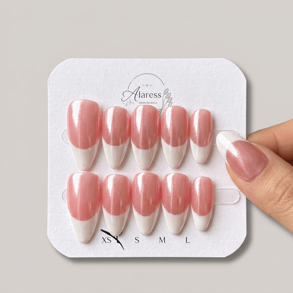 Almond Shape Acrylic French Tip Hand made Press-On Nails with Chrome Effect